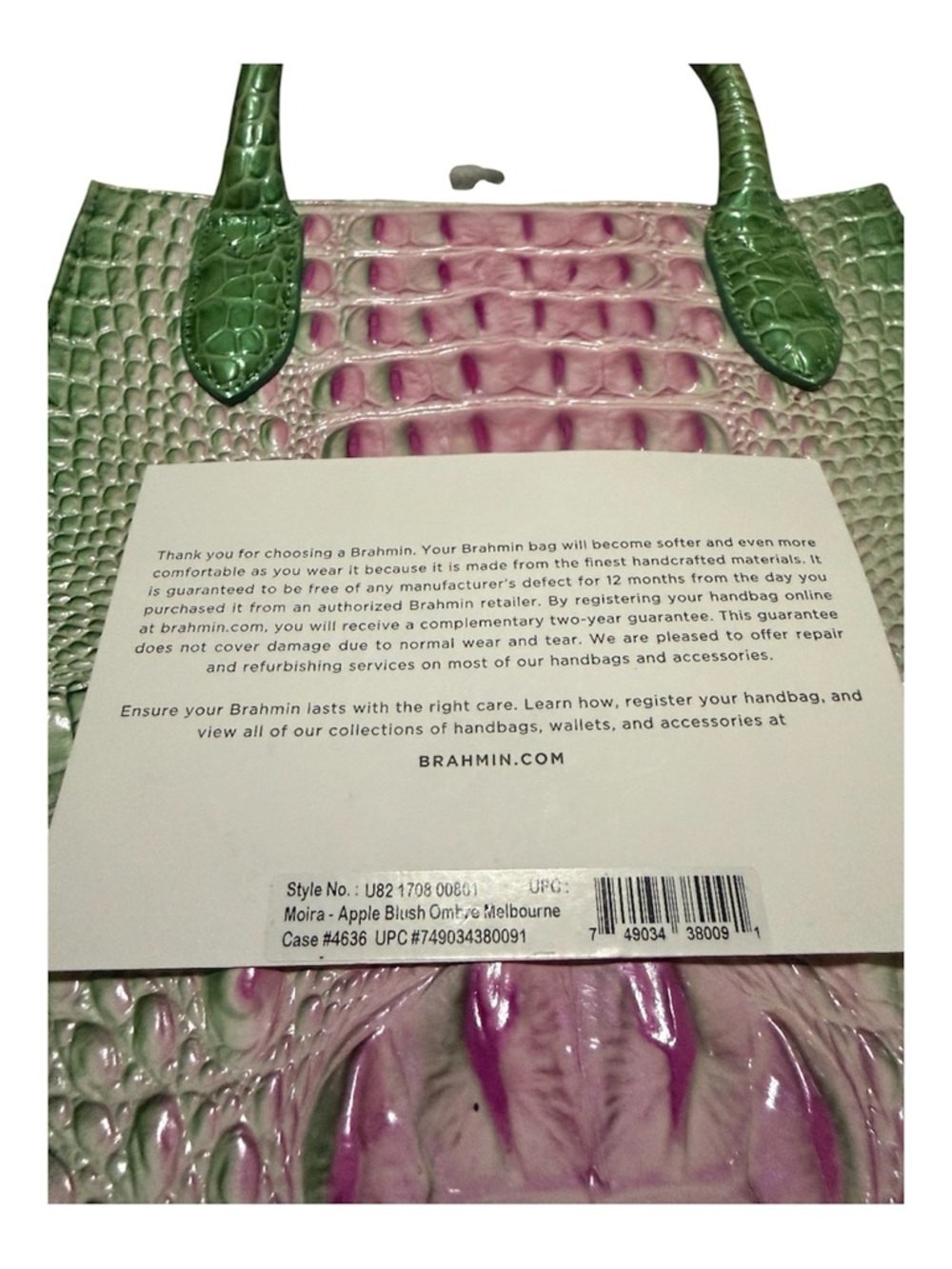 Brahmin Green & Pink Croc-Embossed Leather Tote & Wallet With Registration Card - Picture 2 of 15